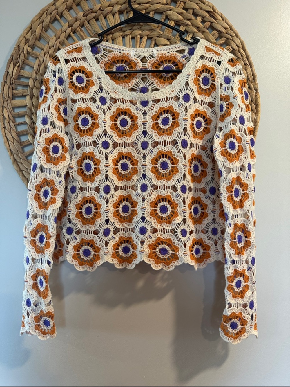 Source Unknown Crochet Floral Long Sleeve Top - Cream, Orange & Purple Accents